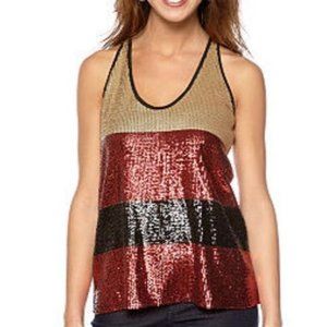 DKNY JEANS Gold Red Black COLORBLOCK Sequin TOP Racerback S